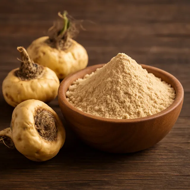 Maca roots next to a bowl of maca powder