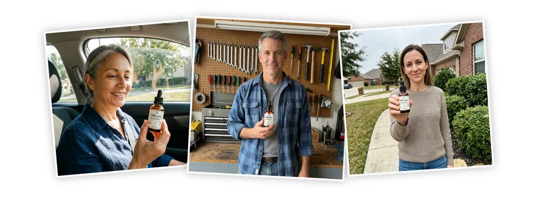 Three customer photos from the official site: a woman holding Olivaro in her car, a man in his workshop and a woman outside her home
