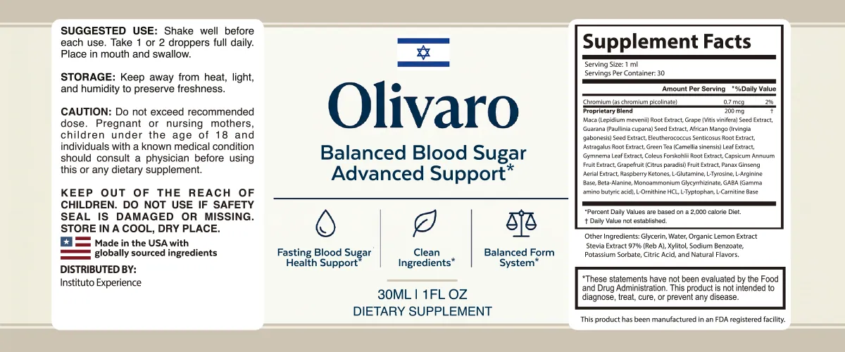 Full Olivaro product label with suggested use, cautions and the Supplement Facts panel