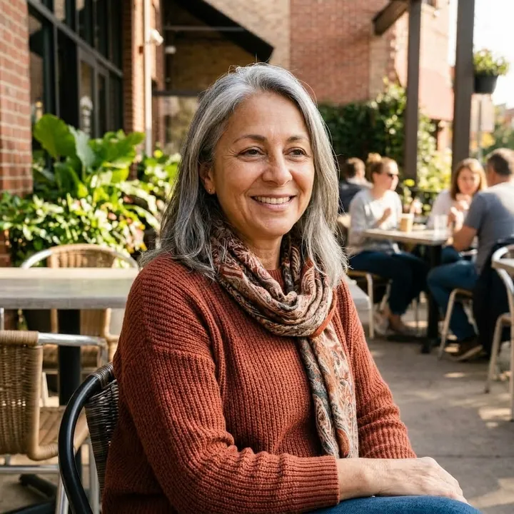 Woman smiling at a caf&eacute; terrace