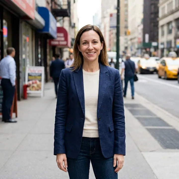 Woman in a blazer walking confidently through downtown
